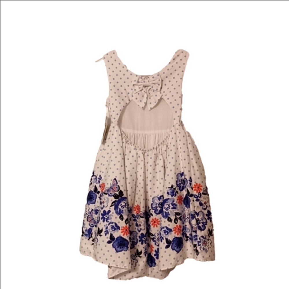 Laura Ashley Girls Polk-dot & Floral Blue & White Sleeveless Dress W/ Back Bow - Picture 8 of 9
